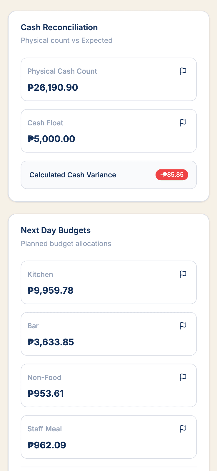Logbook PH mobile — Cash Reconciliation screen
